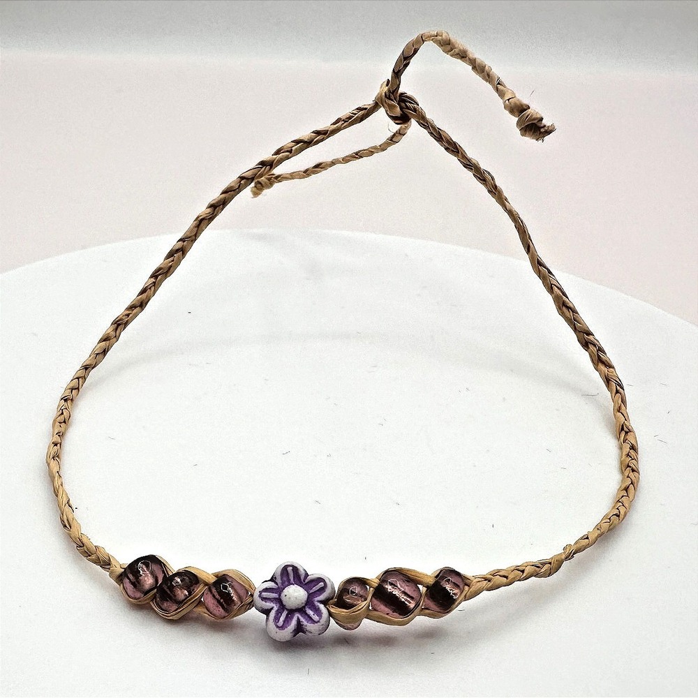 Vintage Y2K Purple Glass Beads Fimo Flower Charm Braided Bracelet Jewelry